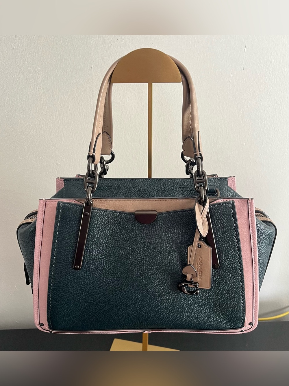 Coach Dreamer Pebbled Leather Satchel in Pine Green, Pink and Beige - Picture 3 of 10